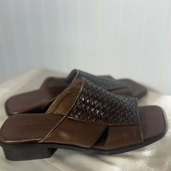 Talbots Made in Italy Brown Woven Leather Slides Heeled Sandals 7M Square Toe - Picture 3 of 9